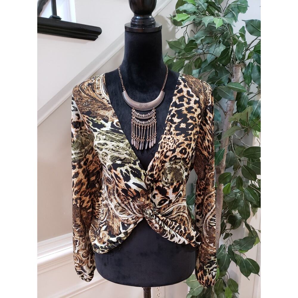 Dots Womens Multicolor Polyester V-Neck Long Sleeve Casual Top Blouse Size Large